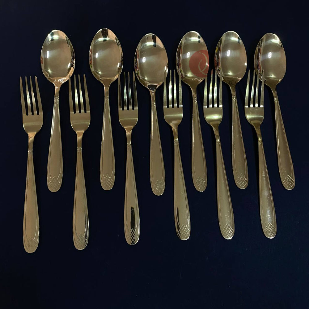 Gold Plated Cutlery 12pcs Set | 6pcs Spoon & 6pcs Fork | Thicken Stainless Steel