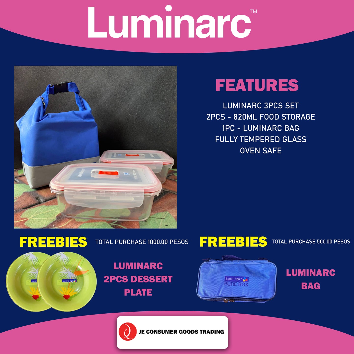 Luminarc Pure Box 2pcs 820ml Food Storage w/Bag | Glass Storage | Tempered Glass | Rectangular